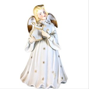 Vintage Japan 1950s Christmas Angel Figurine Playing Harp Bisque 7 inches